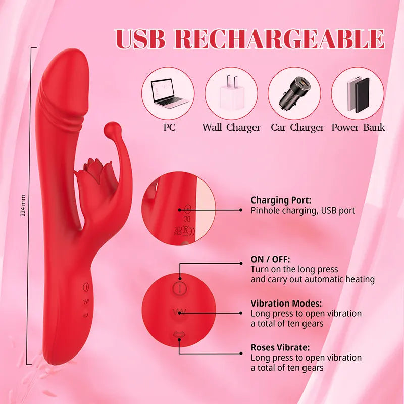 Heated Vibrating Rose Pleasure Dildo